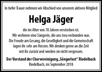 Traueranzeige von Helga Jäger von  Usinger Anzeiger