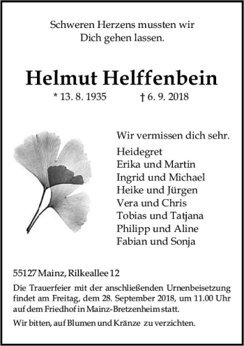 Traueranzeige von Helmut Helffenbein von vrm-trauer