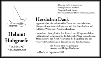 Traueranzeige von Helmut Hohgraefe von  Usinger Anzeiger