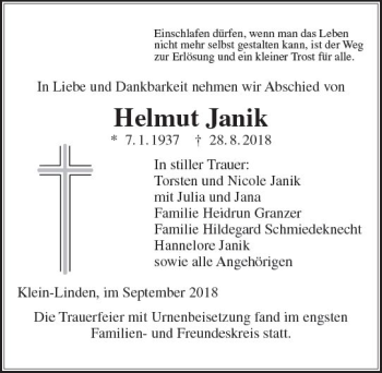 Traueranzeige von Helmut Janik von  Gießener Anzeiger