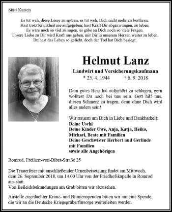 Traueranzeige von Helmut Lanz von VRM Trauer