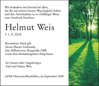 Traueranzeige von Helmut Weis von vrm-trauer