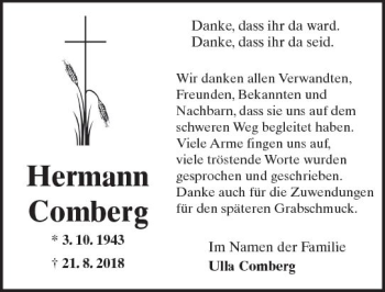 Traueranzeige von Hermann Comberg von  Kreisanzeiger