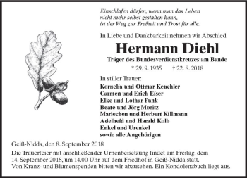 Traueranzeige von Hermann Diehl von  Kreisanzeiger