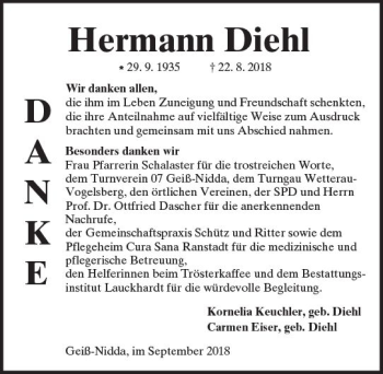 Traueranzeige von Hermann Diehl von  Kreisanzeiger