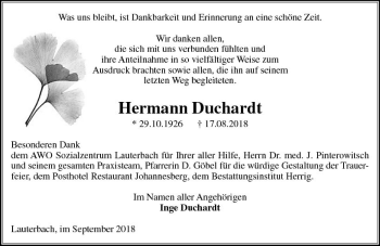 Traueranzeige von Hermann Duchardt von VRM Trauer