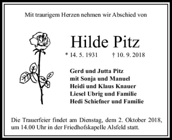 Traueranzeige von Hilde Pitz von VRM Trauer