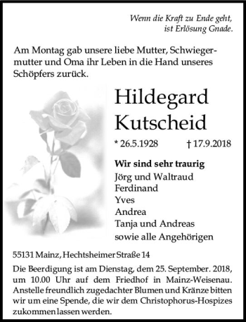 Traueranzeige von Hildegard Kutscheid von vrm-trauer
