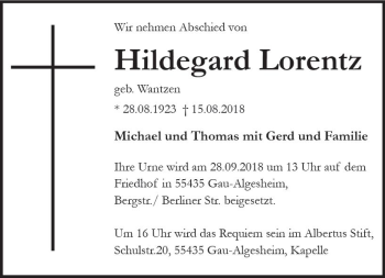 Traueranzeige von Hildegard Lorentz von vrm-trauer