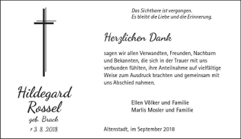 Traueranzeige von Hildegard Rossel von  Kreisanzeiger