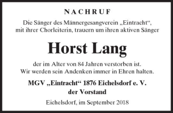 Traueranzeige von Horst Lang von  Kreisanzeiger