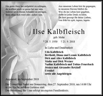 Traueranzeige von Ilse Kalbfleisch von VRM Trauer