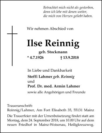 Traueranzeige von Ilse Reinnig von vrm-trauer