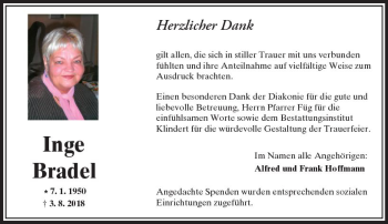 Traueranzeige von Inge Bradel von  Kreisanzeiger