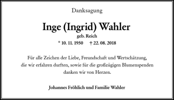 Traueranzeige von Inge Wahler von vrm-trauer