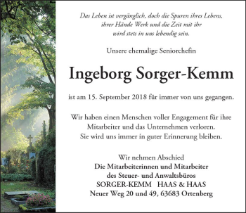 Traueranzeige von Ingeborg Sorger-Kemm von  Kreisanzeiger
