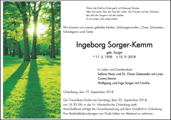 Traueranzeige von Ingeborg Sorger-Kemm von  Kreisanzeiger