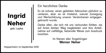 Traueranzeige von Ingrid Neher von vrm-trauer