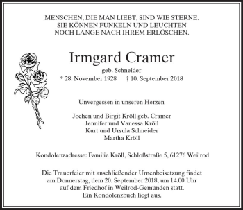 Traueranzeige von Irmgard Cramer von  Usinger Anzeiger