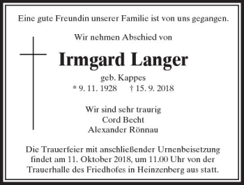 Traueranzeige von Irmgard Langer von  Usinger Anzeiger