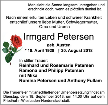 Traueranzeige von Irmgard Petersen von vrm-trauer