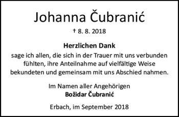 Traueranzeige von Johanna Cubranic von vrm-trauer