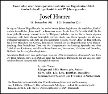 Traueranzeige von Josef Harrer von vrm-trauer