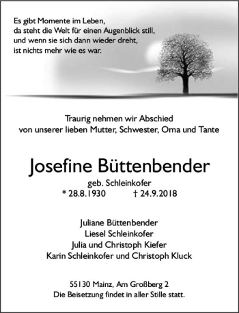Traueranzeige von Josefine Büttenbender von vrm-trauer