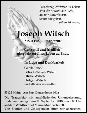 Traueranzeige von Joseph Witsch von vrm-trauer