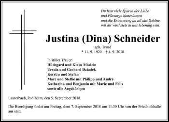 Traueranzeige von Justina Schneider von VRM Trauer