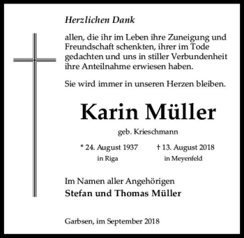 Traueranzeige von Karin Müller von  Kreisanzeiger