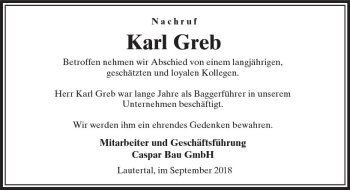Traueranzeige von Karl Greb von VRM Trauer