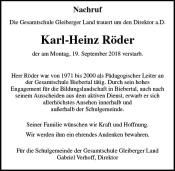 Traueranzeige von Karl-Heinz Röder von  Gießener Anzeiger