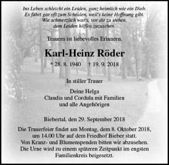Traueranzeige von Karl-Heinz Röder von  Gießener Anzeiger