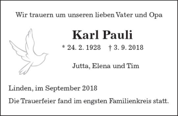 Traueranzeige von Karl Pauli von  Gießener Anzeiger
