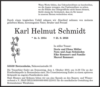 Traueranzeige von Karl Helmut Schmidt von vrm-trauer