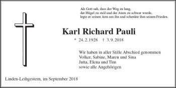 Traueranzeige von Karl Richard Pauli von  Gießener Anzeiger