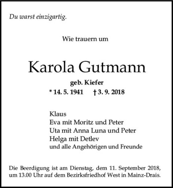 Traueranzeige von Karola Gutmann von vrm-trauer