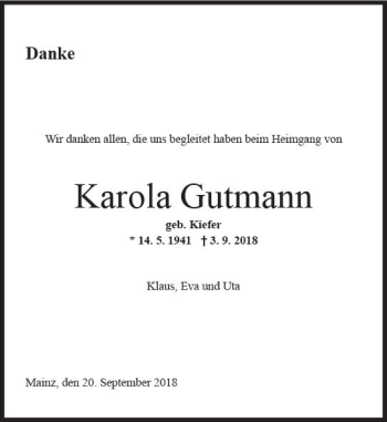 Traueranzeige von Karola Gutmann von vrm-trauer
