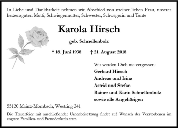 Traueranzeige von Karola Hirsch von vrm-trauer