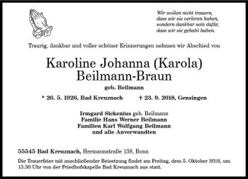 Traueranzeige von Karoline Johanna Beilmann-Braun von vrm-trauer