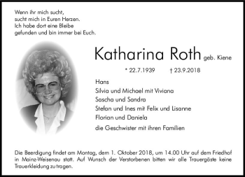 Traueranzeige von Katharina Roth von vrm-trauer