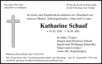 Traueranzeige von Katharine Schaaf von  Gießener Anzeiger