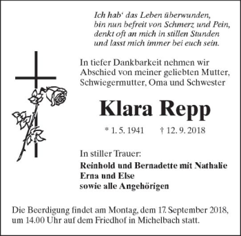 Traueranzeige von Klara Repp von  Kreisanzeiger