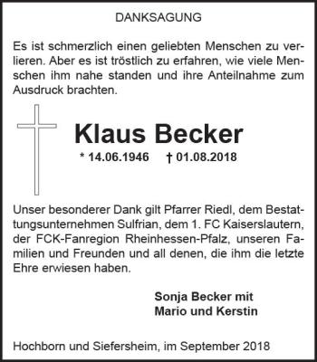 Traueranzeige von Klaus Becker von vrm-trauer