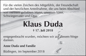 Traueranzeige von Klaus Duda von  Kreisanzeiger
