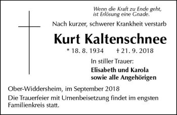 Traueranzeige von Kurt Kaltenschnee von  Kreisanzeiger