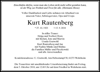 Traueranzeige von Kurt Rautenberg von  Usinger Anzeiger