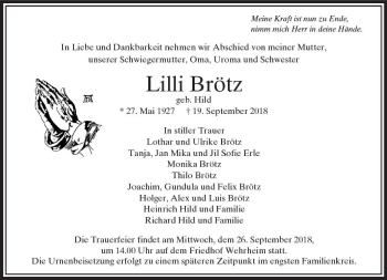 Traueranzeige von Lilli Brötz von  Usinger Anzeiger