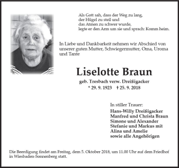 Traueranzeige von Liselotte Braun von vrm-trauer